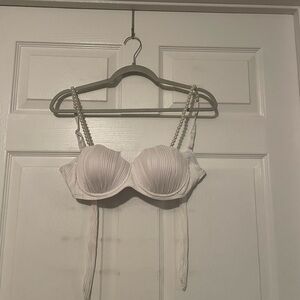 White Seashell Padded Bathing Suit Top w Pearl Adjustable Straps & Tie Back